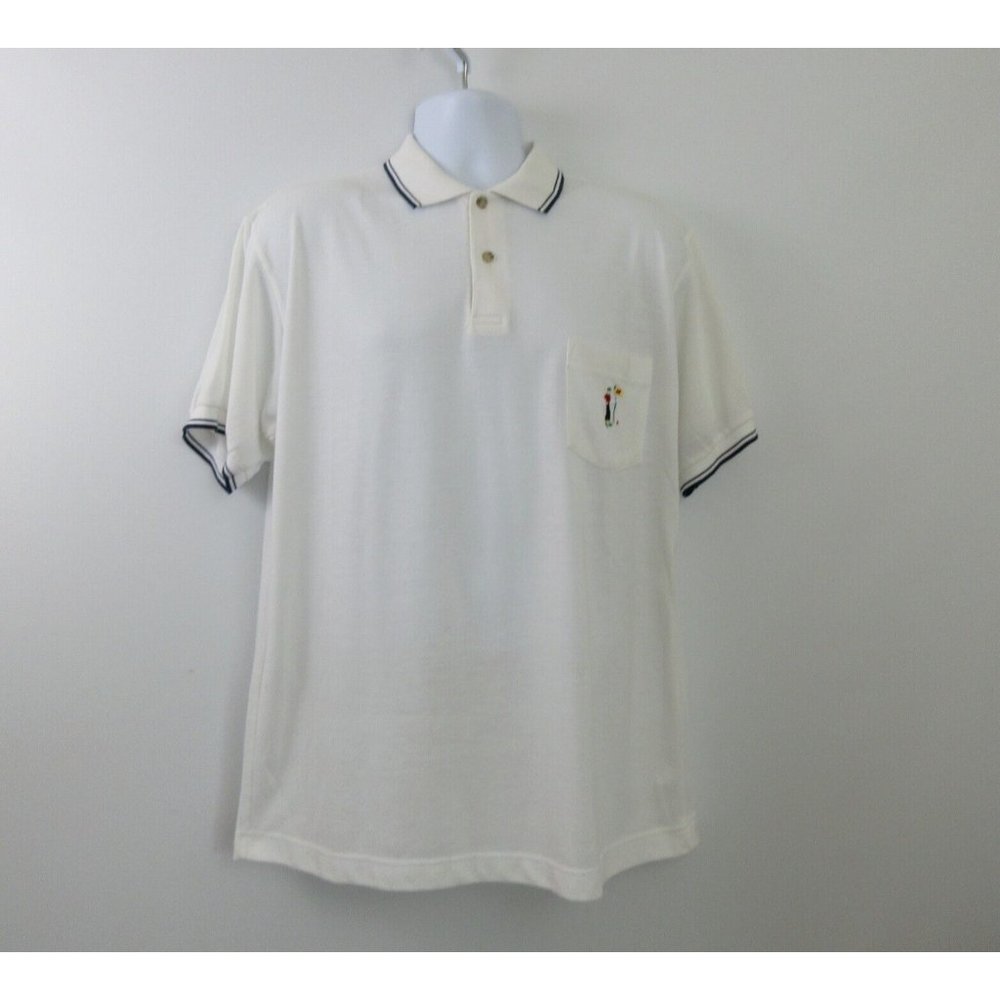 Brittany Bay Sport Polo Sz Large White w Navy Trim Embroidered Golf Short Sleeve
